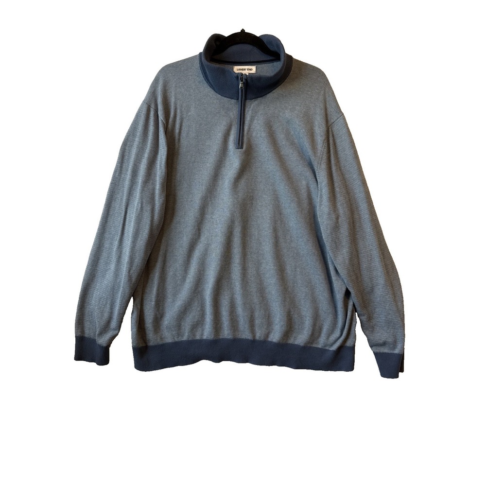 Lands' End Striped Quarter Zip Pullover XXL Blue Cotton Quiet Luxury Preppy